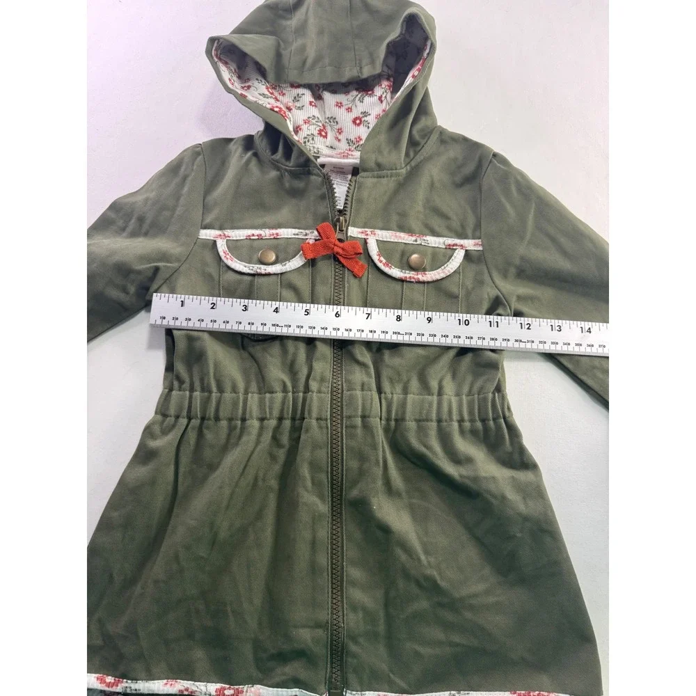 Little Lass Girls Olive Green Floral Lined Hooded Utility‎ Jacket Size 5